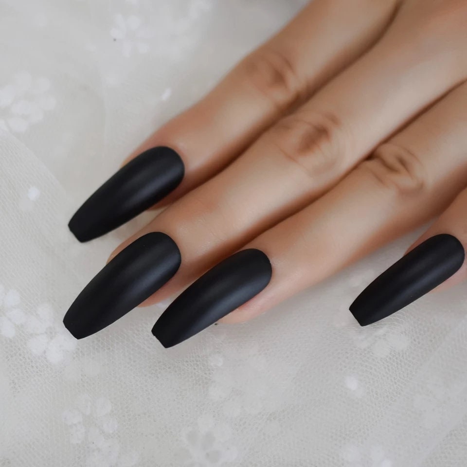 24 Matte Black Coffin Extra Long Press on nails witchy goth alt glue on
