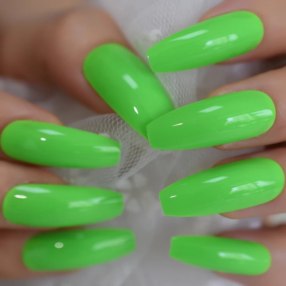 24 Electric Neon Green Long Press on Nails Coffin Slime Bright Summer 80s rave