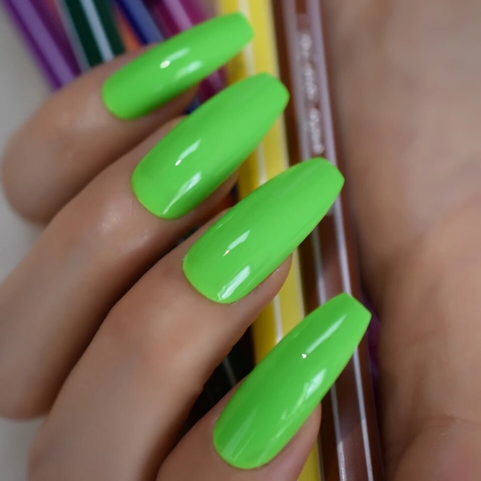 24 Electric Neon Green Press on Nails Extra Long Coffin Slime Bright Summer 80s rave