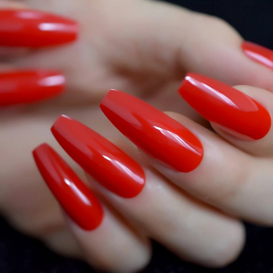 24 Coffin Hot Red Long Press on nails glue on shiny bright