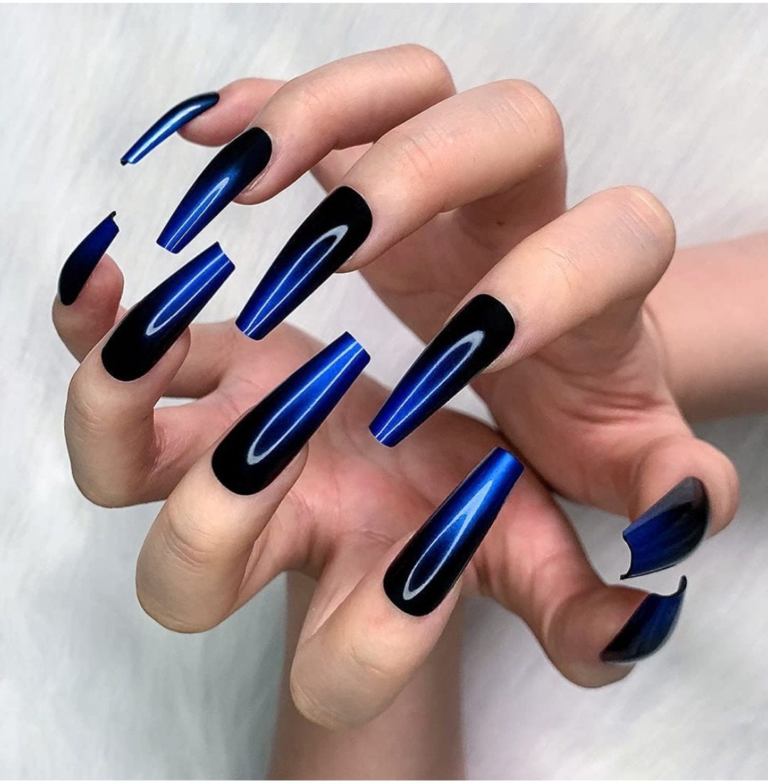24 Blue Black Ombre Extra Long Press on nails glue on Straight Coffin Goth vampy Dark fade