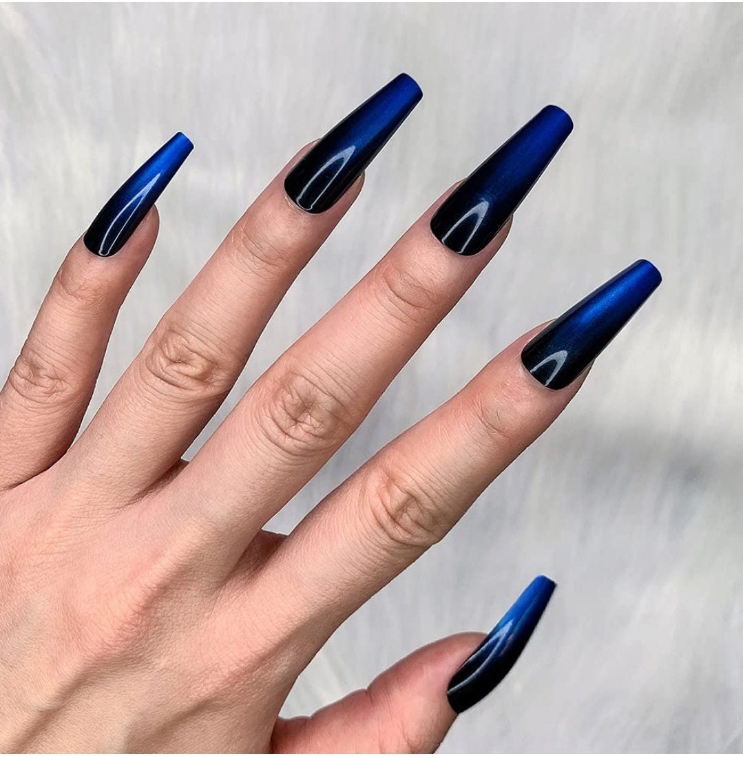 24 Blue Black Ombre Extra Long Press on nails glue on Straight Coffin Goth vampy Dark fade