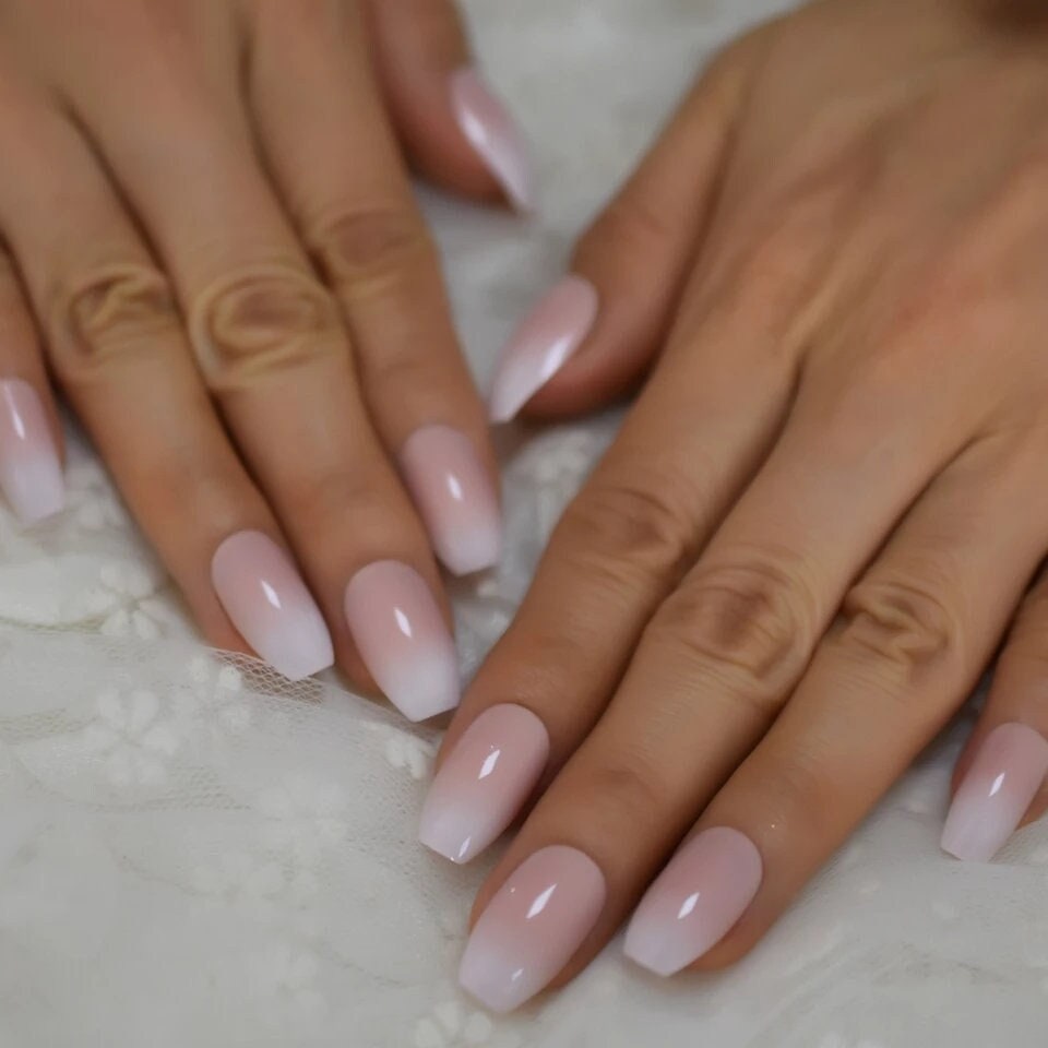 24 Medium Coffin Ombre White tip Pink French mani Long Press on nails glue on natural