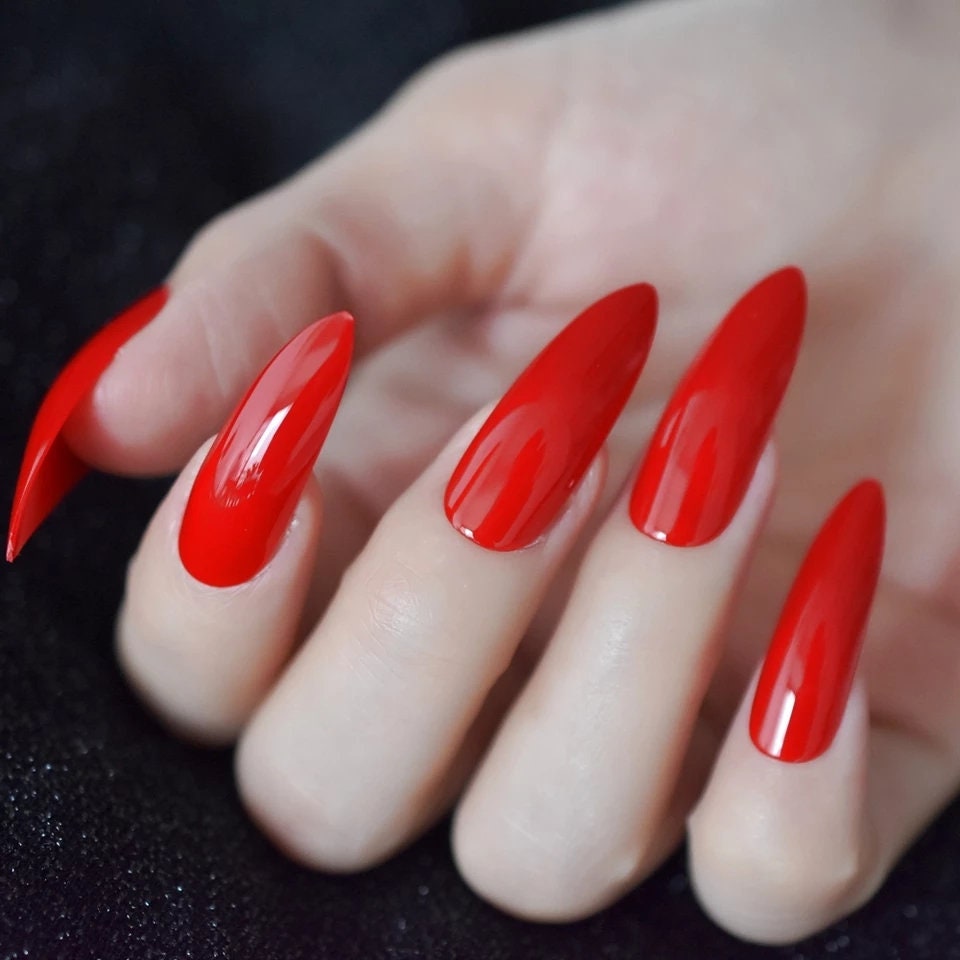 24 Stiletto Hot Red Long Press on nails glue on shiny bright pointed
