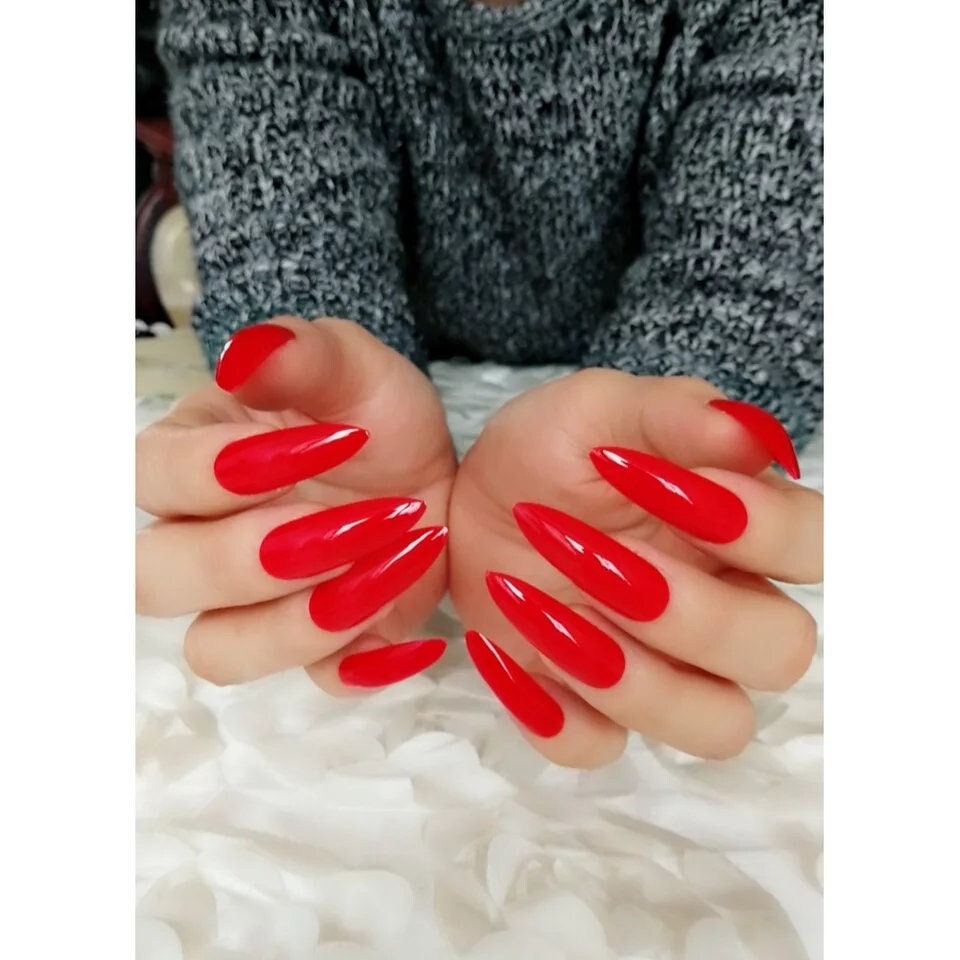 24 Stiletto Hot Red Long Press on nails glue on shiny bright pointed