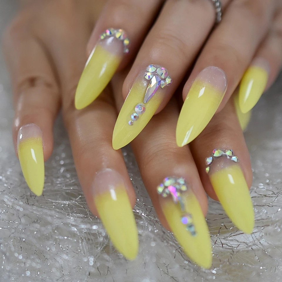 24 Fuschia or Yellow Ombre Fade impress Press on nails glue on Bling Gem bright extra long stiletto