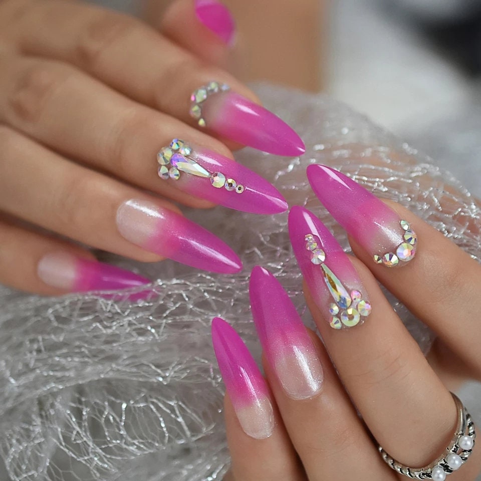 24 Fuschia or Yellow Ombre Fade Long Press on nails glue on Bling Gem bright stiletto