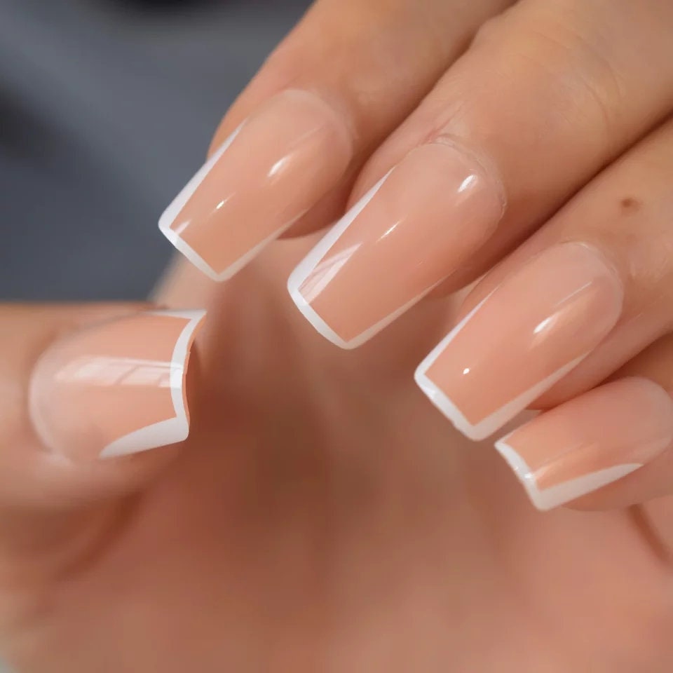 24 Medium Square French tip white rim border nude Impress Press on nails glue on natural