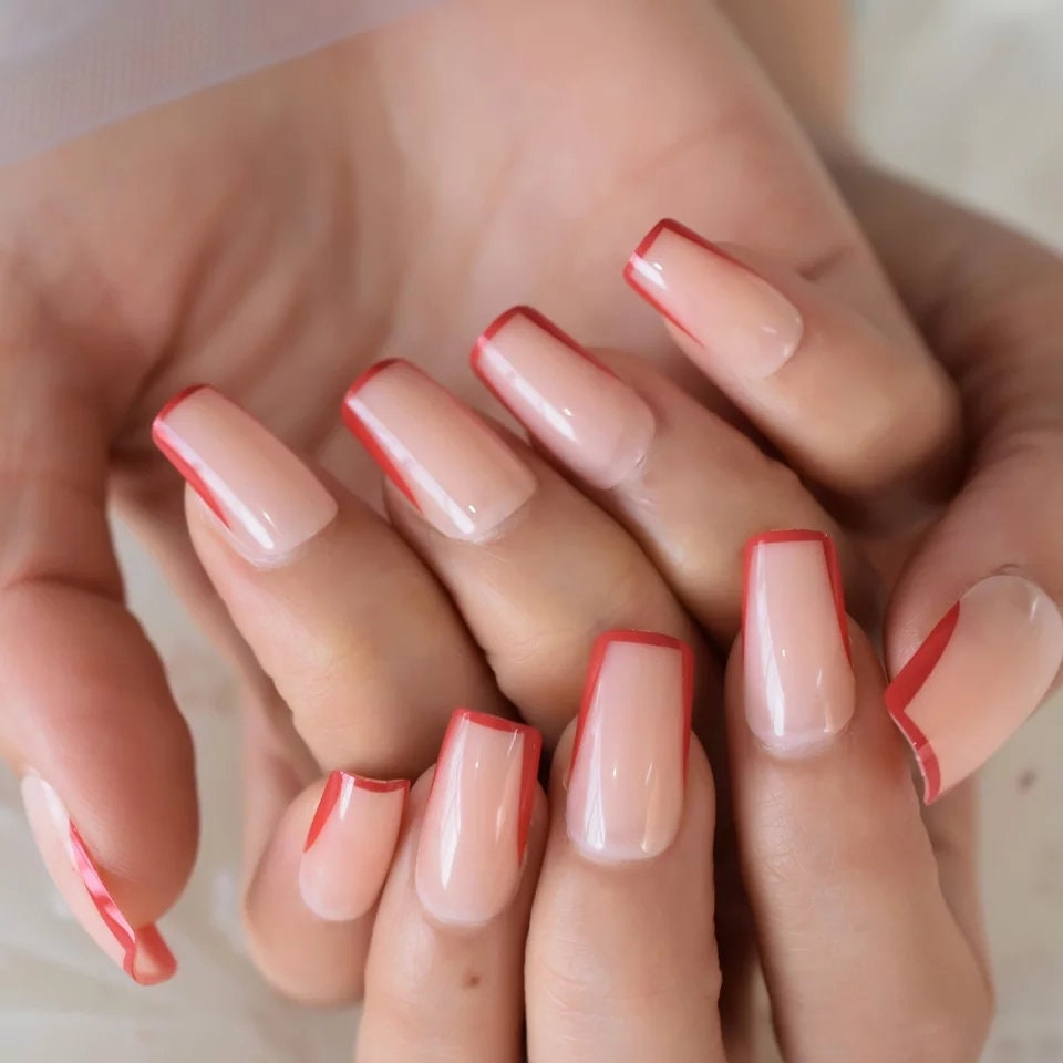 24 Nude Red Rim French tip border nude Long Press on nails glue on natural medium square