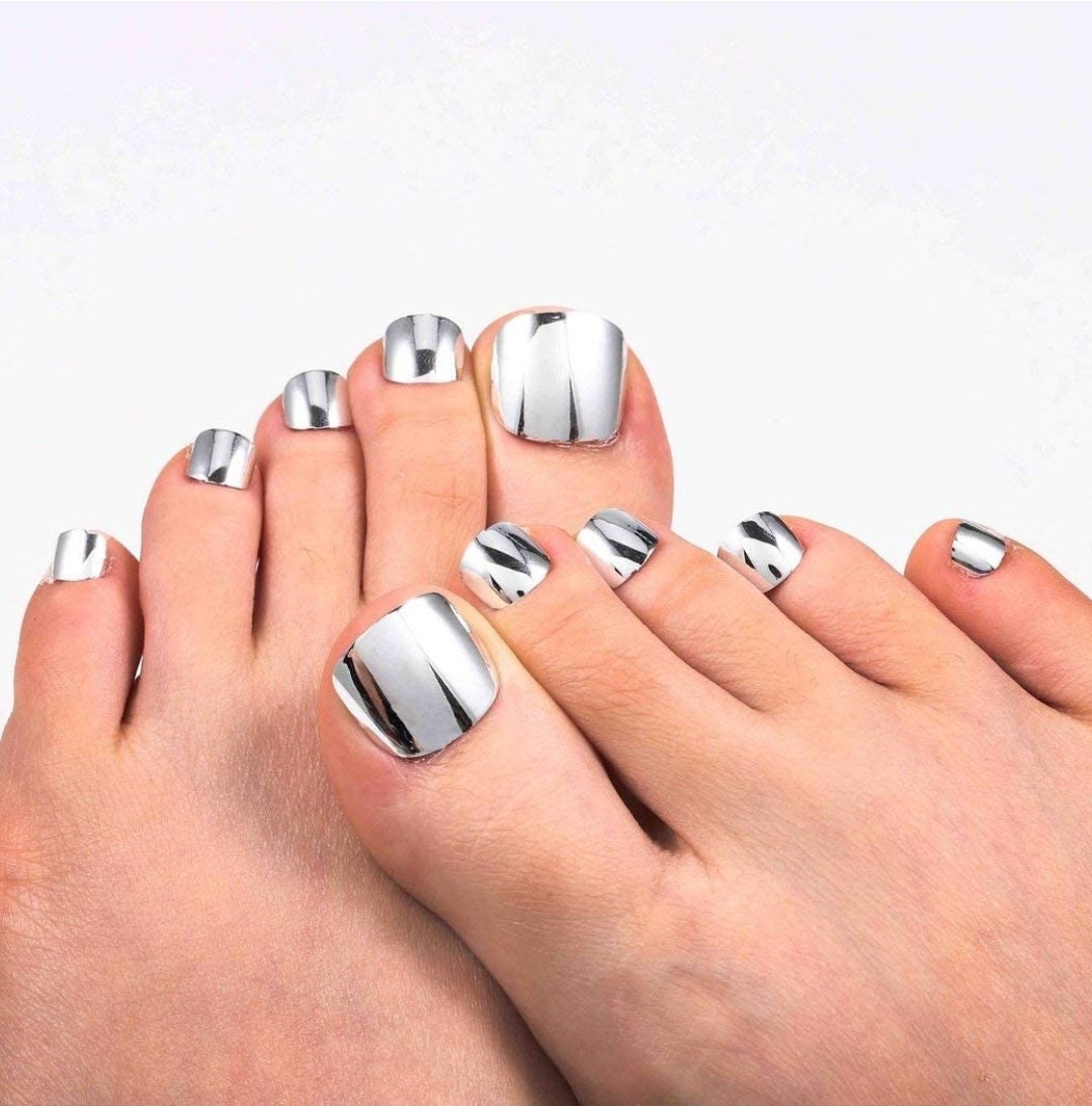 24 Chrome Toes Mirror Short press on nails Kit Glue On Gold Silver Shiny Pink