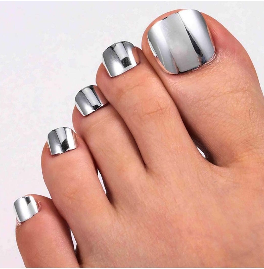 24 Chrome Toes Mirror Short press on nails Kit Glue On Gold Silver Shiny Pink