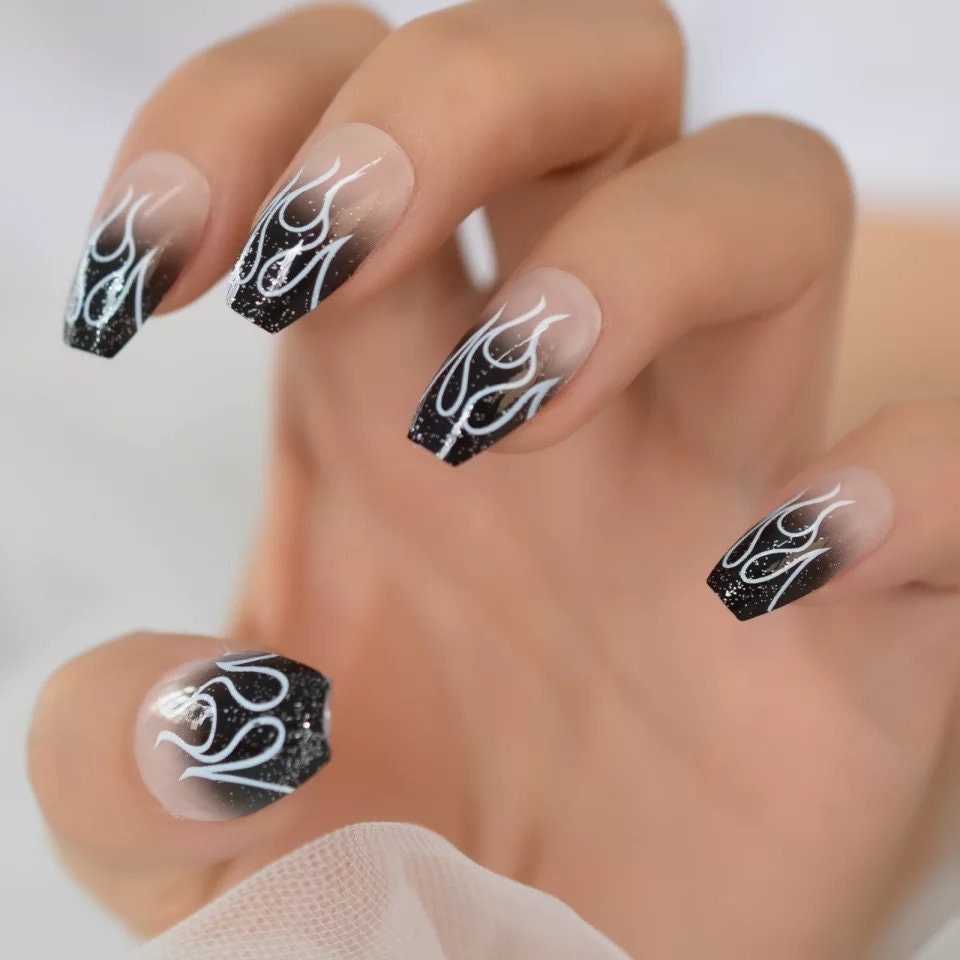 24 pcs Black Flame Medium Coffin Dark Long Press On nails Glue on Gothic edgy trendy nude fade ombre 90s