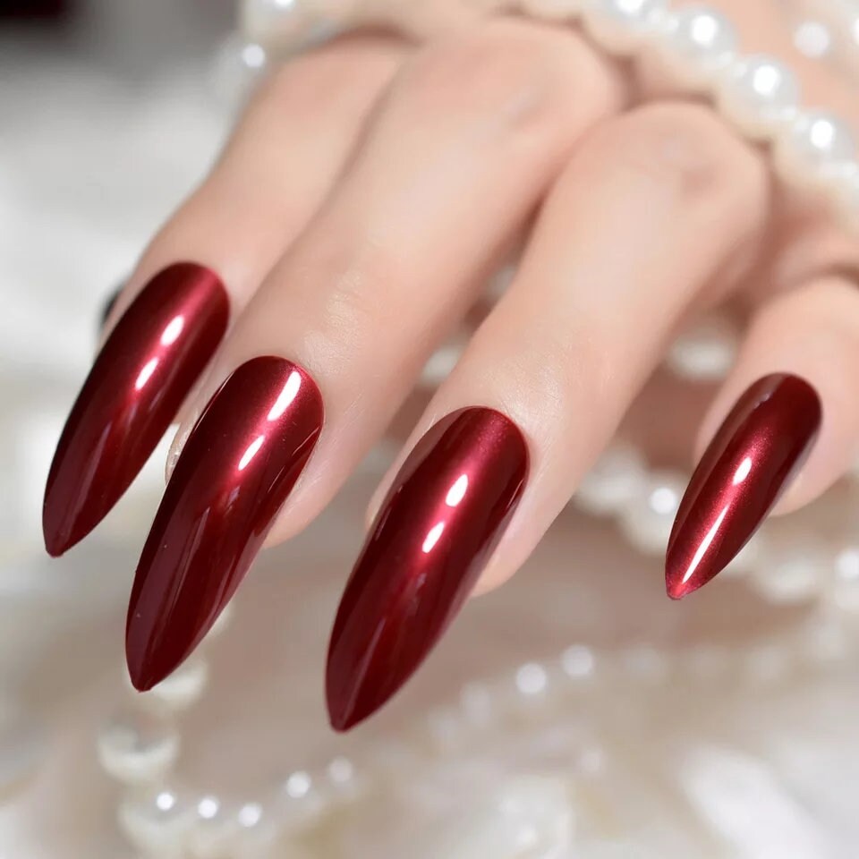 24 Maroon Stiletto Long Press on nails Satin wine witchy goth alt pointed glue on Dark Red
