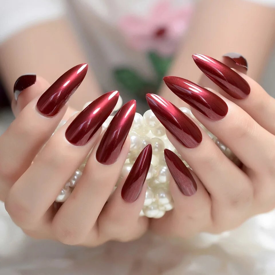 24 Maroon Stiletto Impress Press on nails Extra Long Satin wine witchy goth alt pointed glue on Dark Red