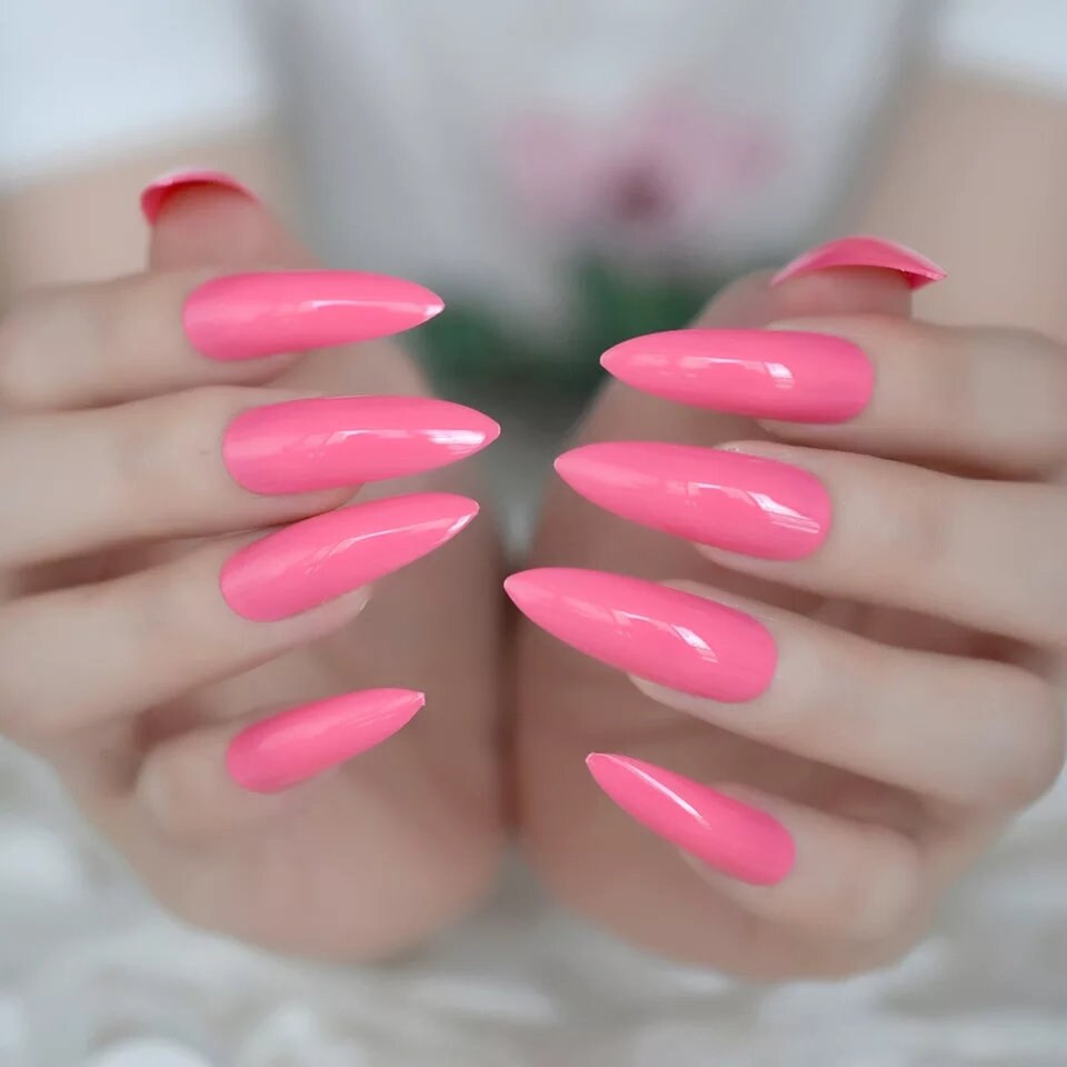 24 pcs Barbie Pink Stiletto Long Press on nails bubble gum bright hot pink girly 80s rave