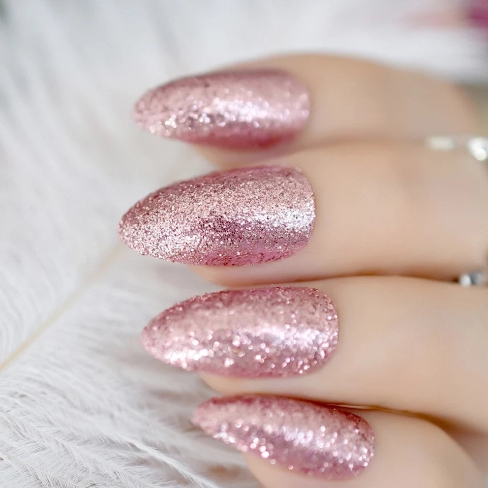 24 Pink Rose gold Glitter Long press on nails glue on manicure medium