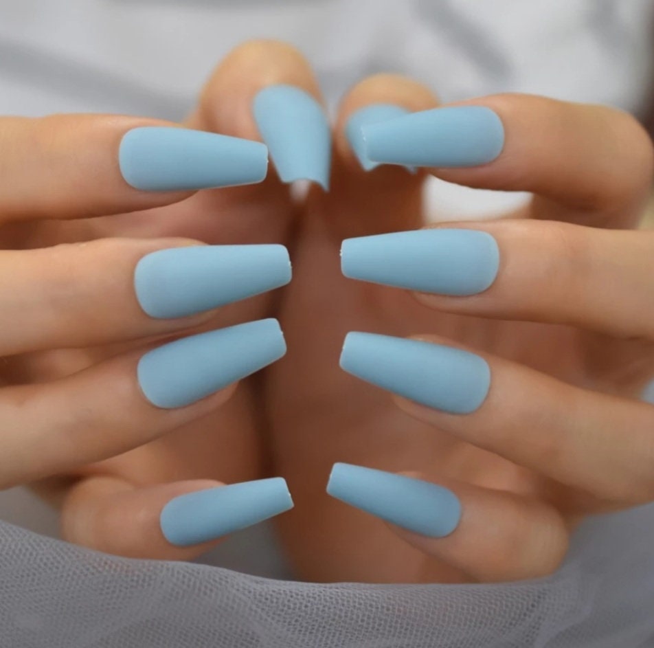24 Matte Pastel Denim Blue Long Press on nails glue on Coffin
