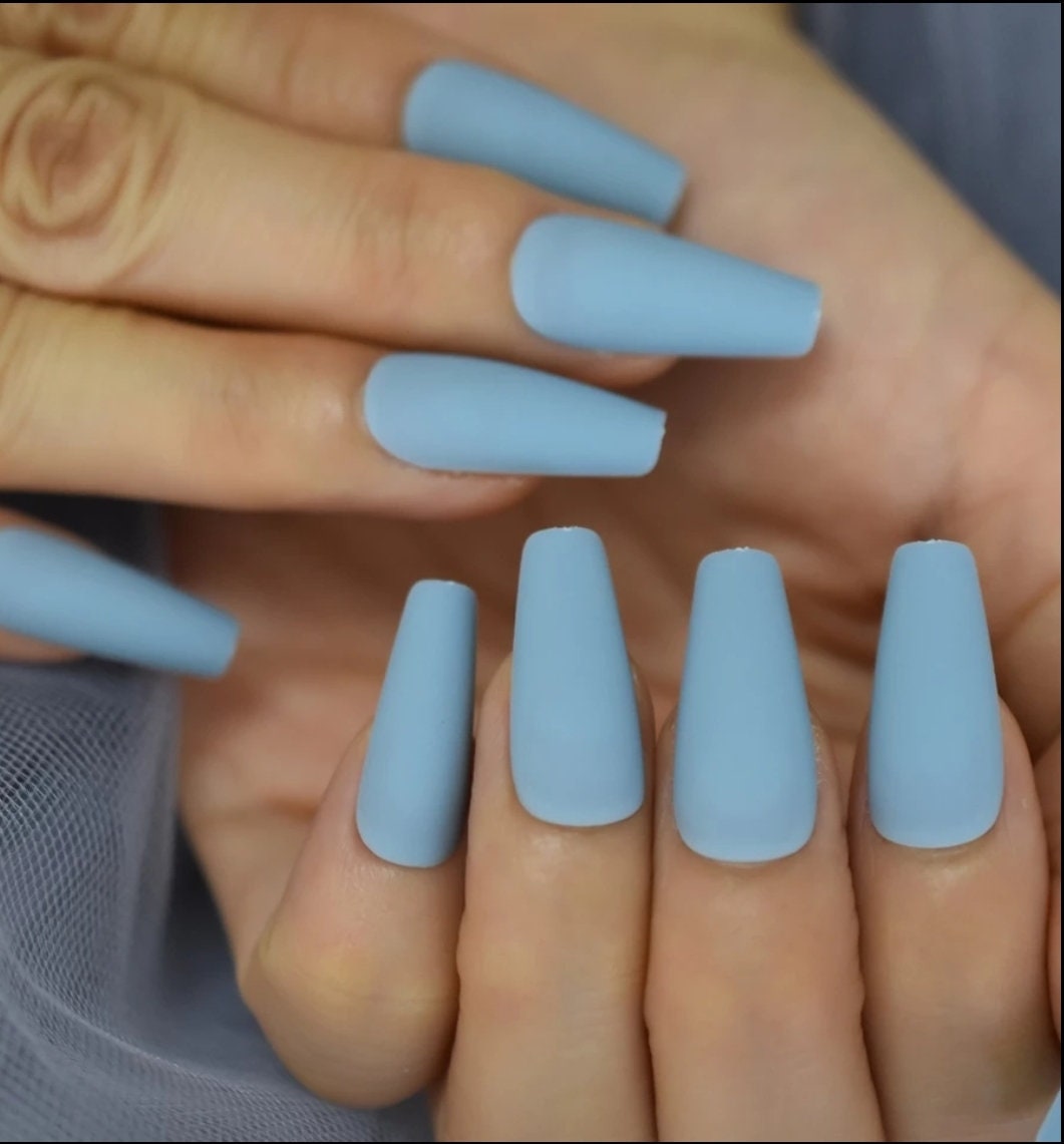 24 Matte Pastel Denim Blue Press on nails glue on Long Coffin