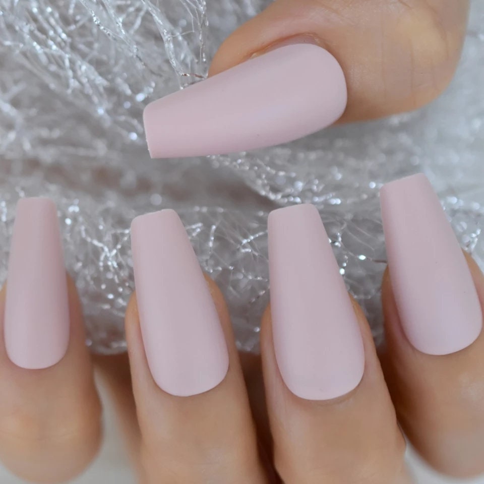 24 Nude Powder Pink Press on nails glue on Long Coffin khaki