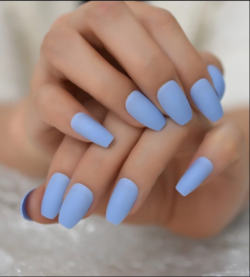 24 Periwinkle Blue Matte Long Press On Nails Coffin Medium Glue on bright