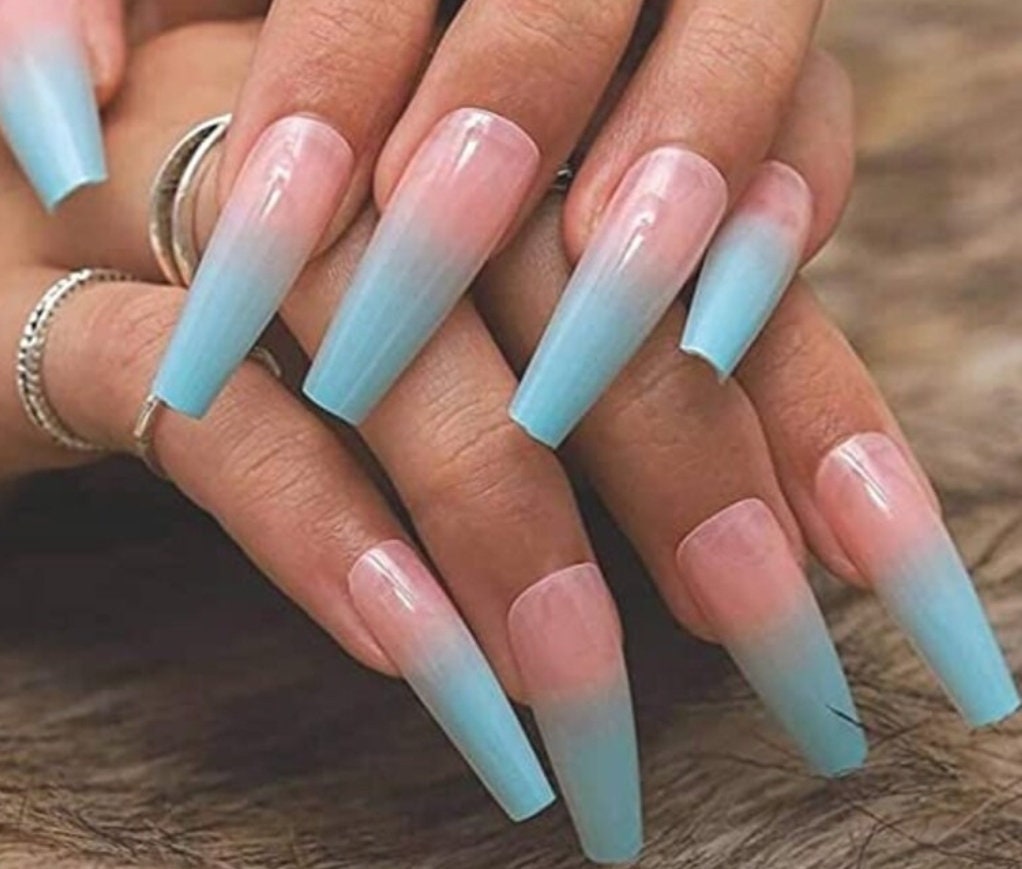 24 pcs Blue Teal Ombre Summer Long Press on nails glue on Coffin manicure