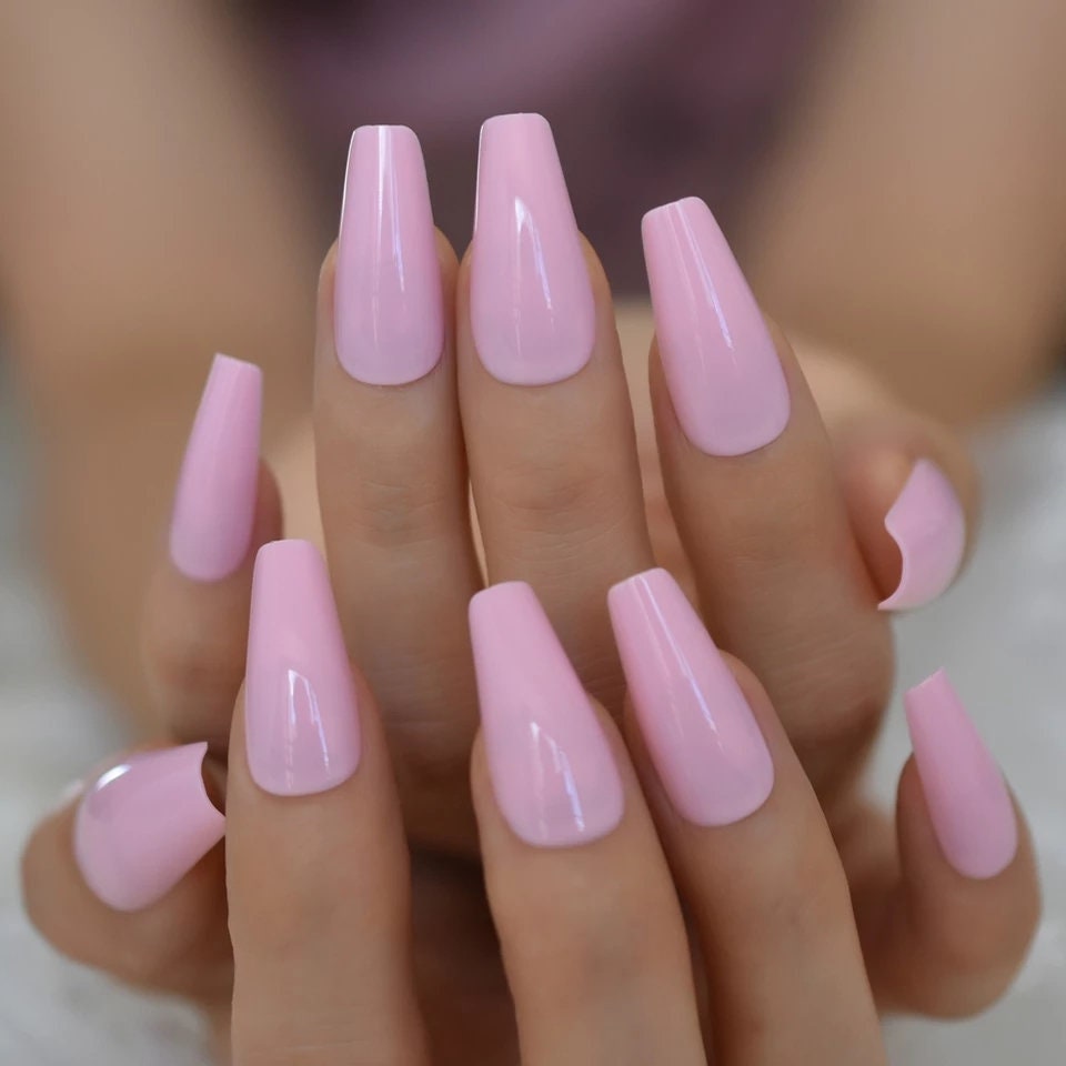 24 Soft Pink Long Press On Nails kit glue on Pale light baby powder pink 