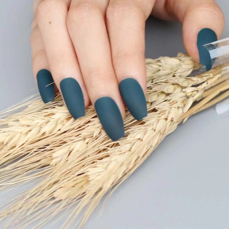 24 Evergreen Pine Dark Teal Matte Press On Nails Coffin Medium Glue on blue