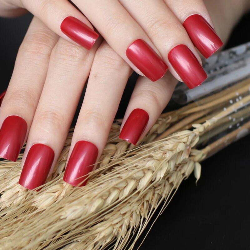 24 Red Square Press On Nails Glue on kit maroon cherry