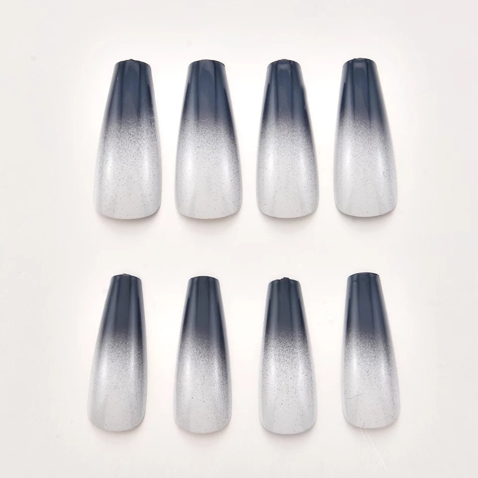 24 Ombre Gray French tip Press on nails glue on extra long coffin edgy goth dark