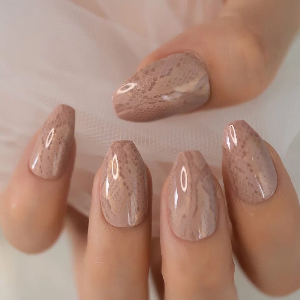 24 Nude Snake Skin Glossy Press on nails glue on natural Medium Coffin