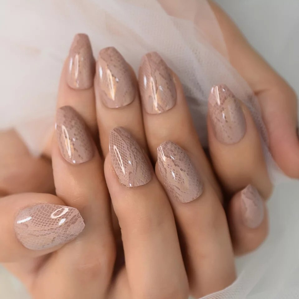 24 Nude Snake Skin Glossy Long Press on nails glue on natural Medium Coffin