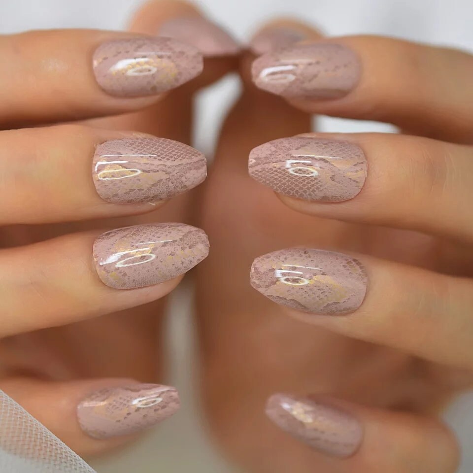 24 Nude Snake Skin Glossy Long Press on nails glue on natural Medium Coffin