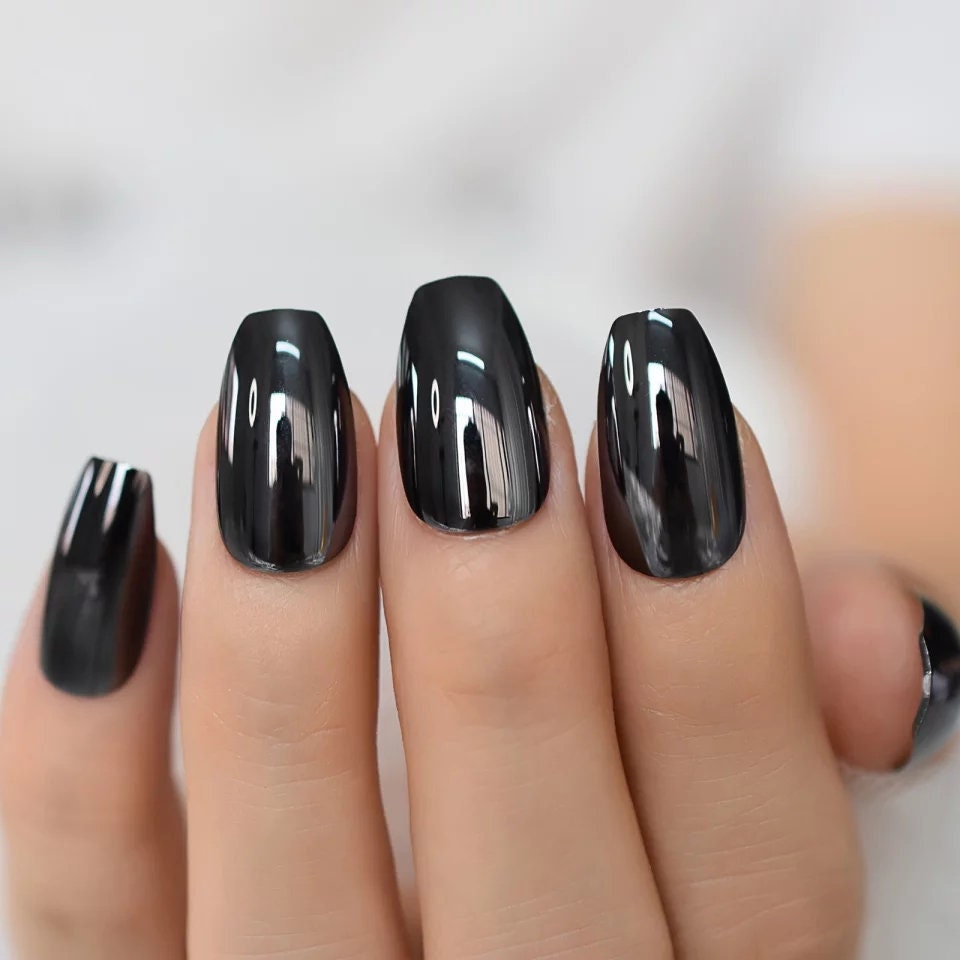 24 Gun metal Chrome medium Coffin Kiss Press on nails glue on mirror shiny metallic gray dark