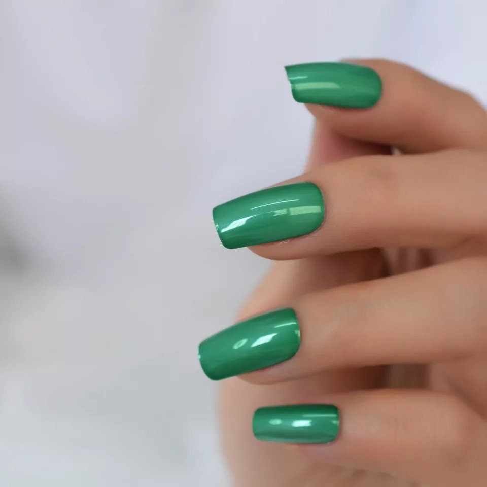 24 Green metallic Long Press On Nails Medium Square Glue on Mirror shiny bright