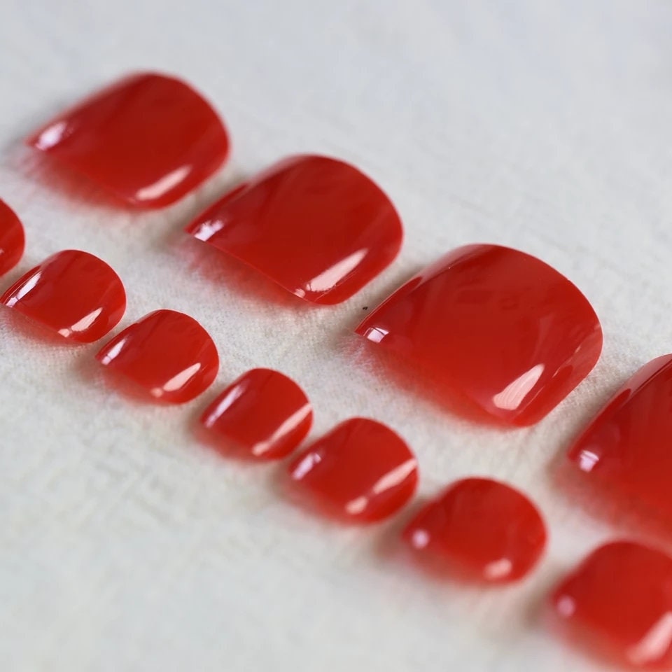 24 Red Toe Nails Kit short Press On nails Glue On 