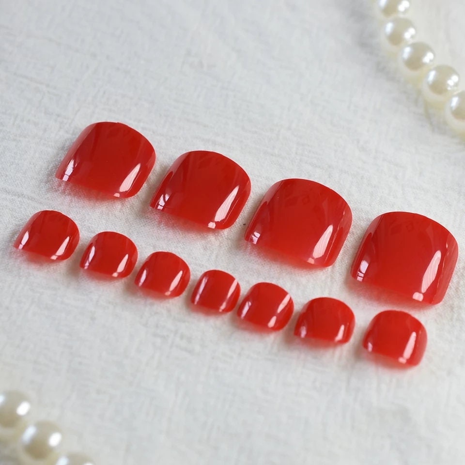 24 Red Toe Nails Kit short Press On nails Glue On 