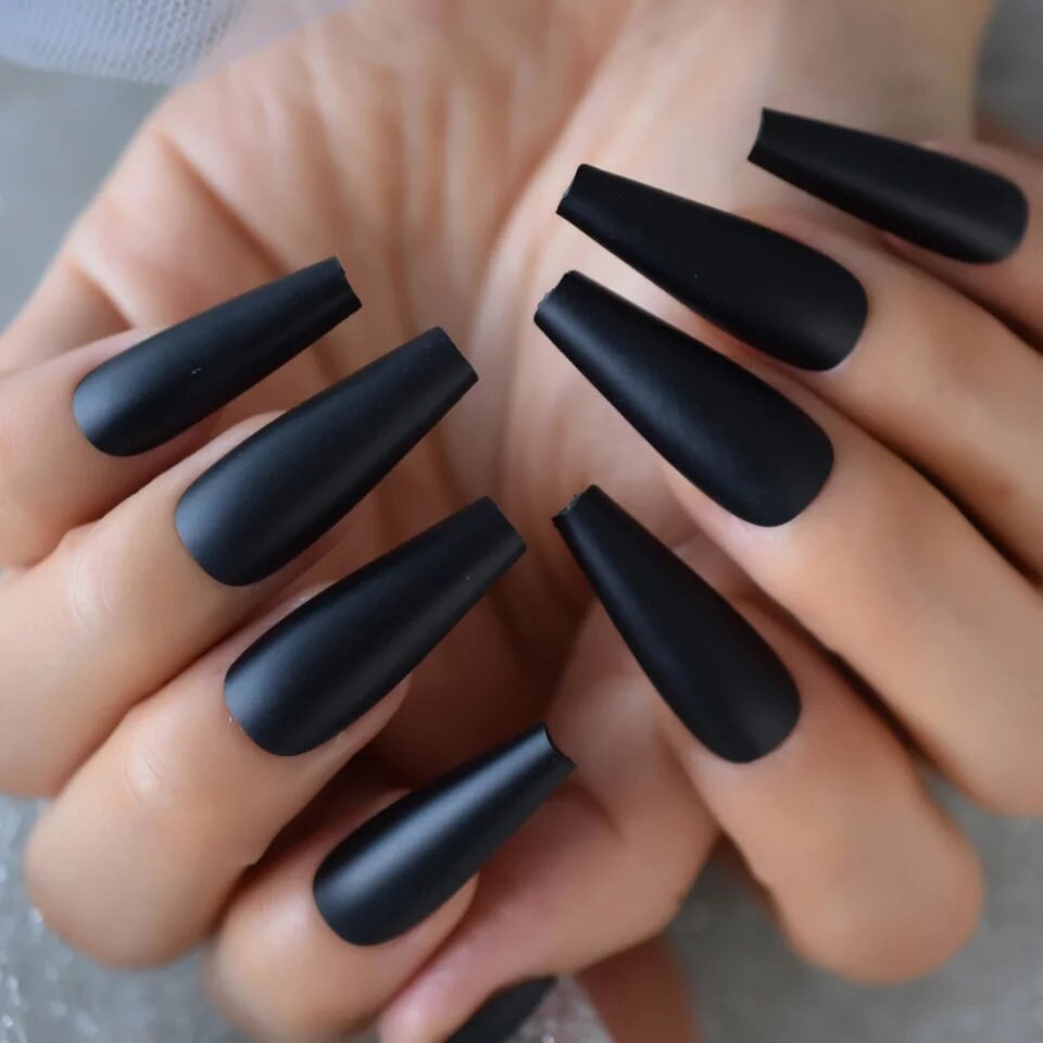 24 Vampy Extra Long Straight Coffin Matte Black Press on nails witchy goth alt glue on Dark