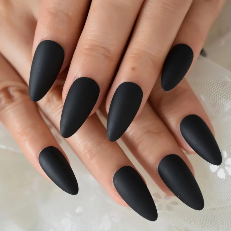 24 Vampy Matte Black Press on nails Stiletto witchy goth alt glue on Dark