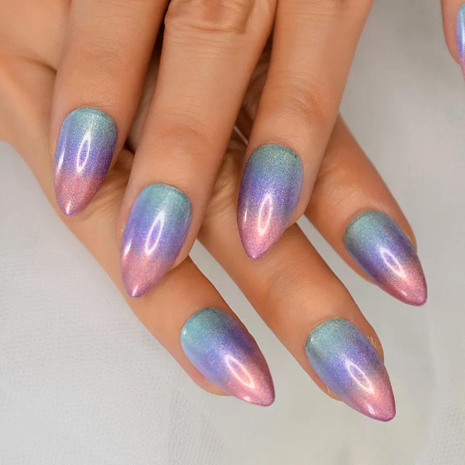 24 Unicorn Ombre Glossy Gel medium Stiletto Long Press on nails pointed glue on purple green pink galaxy magnet shimmer