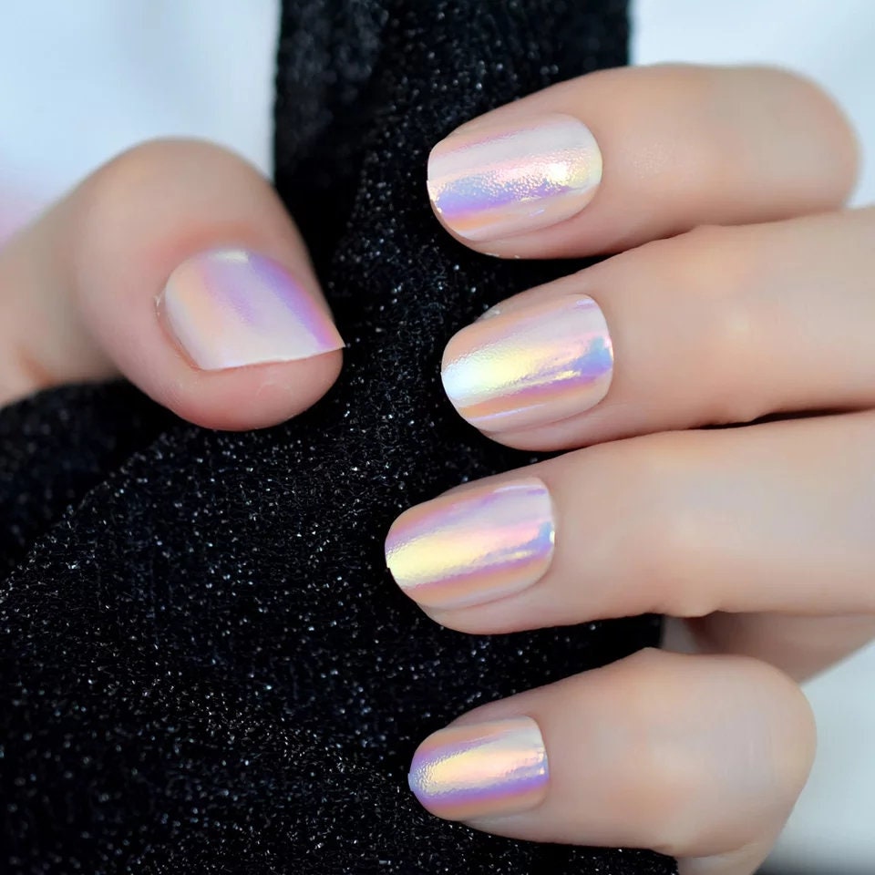 24 Short pink nude Holographic iridescent Unicorn Press on nails glue on pink shimmer