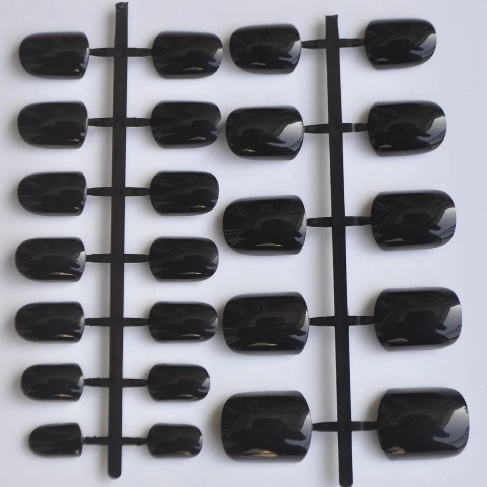 24 Short Black press on nails glue on goth shiny