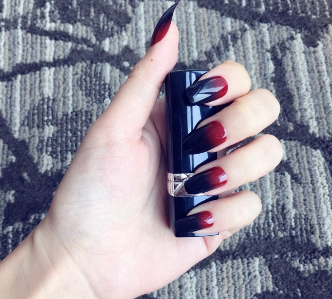 24 Goth Medium Coffin Red Black Ombre Dark Long Press On Nails Glue on Gothic edgy trendy