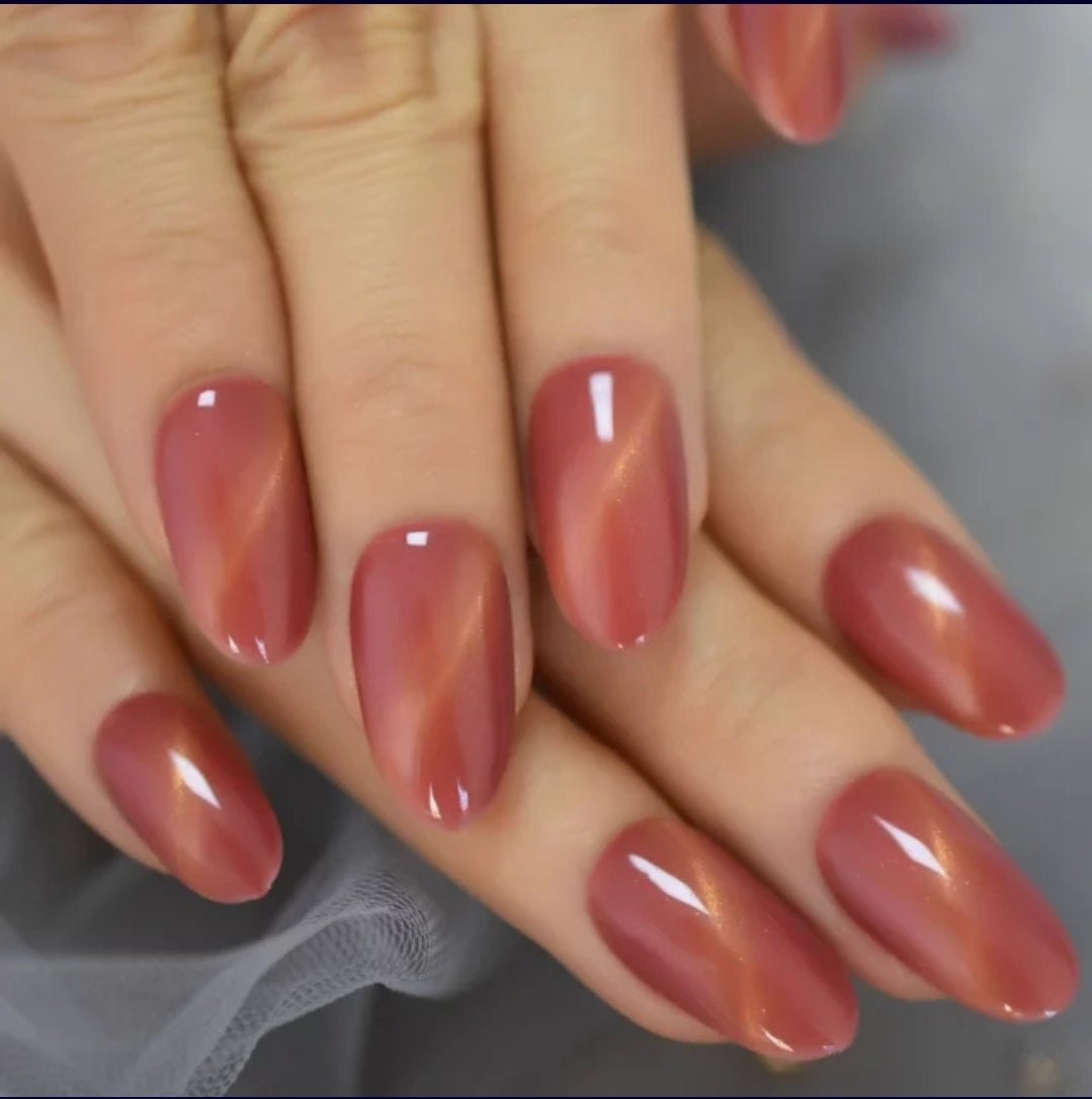 Autumn Rose Galaxy Cat Eye Gel Press On Nails Glossy medium glue on magnet Pink almond