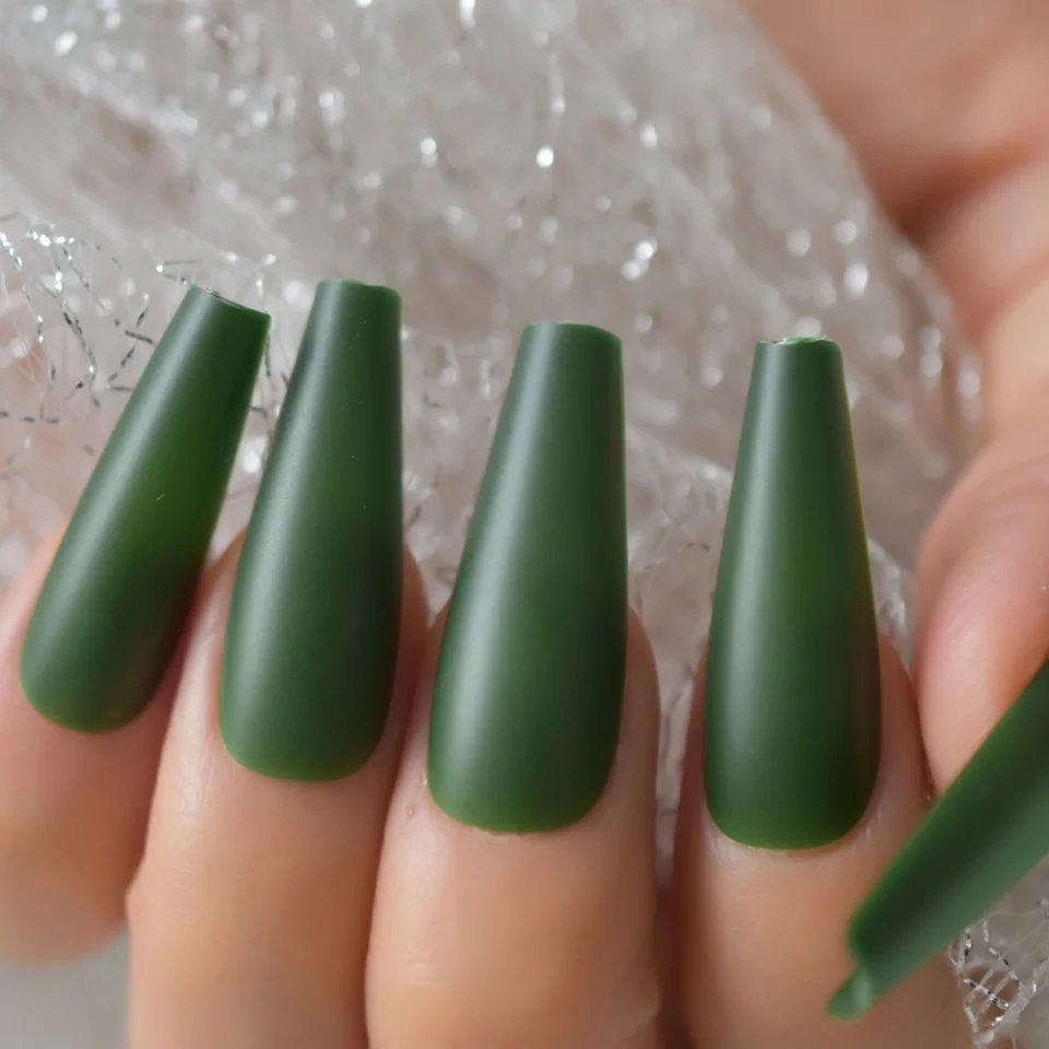 24 Extra Long Coffin Matte Green Dark Press on nails glue on straight Coffin Olive kit