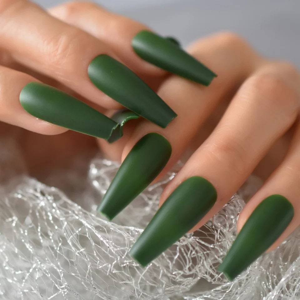24 Extra Long Coffin Matte Green Dark Press on nails glue on straight Coffin Olive kit