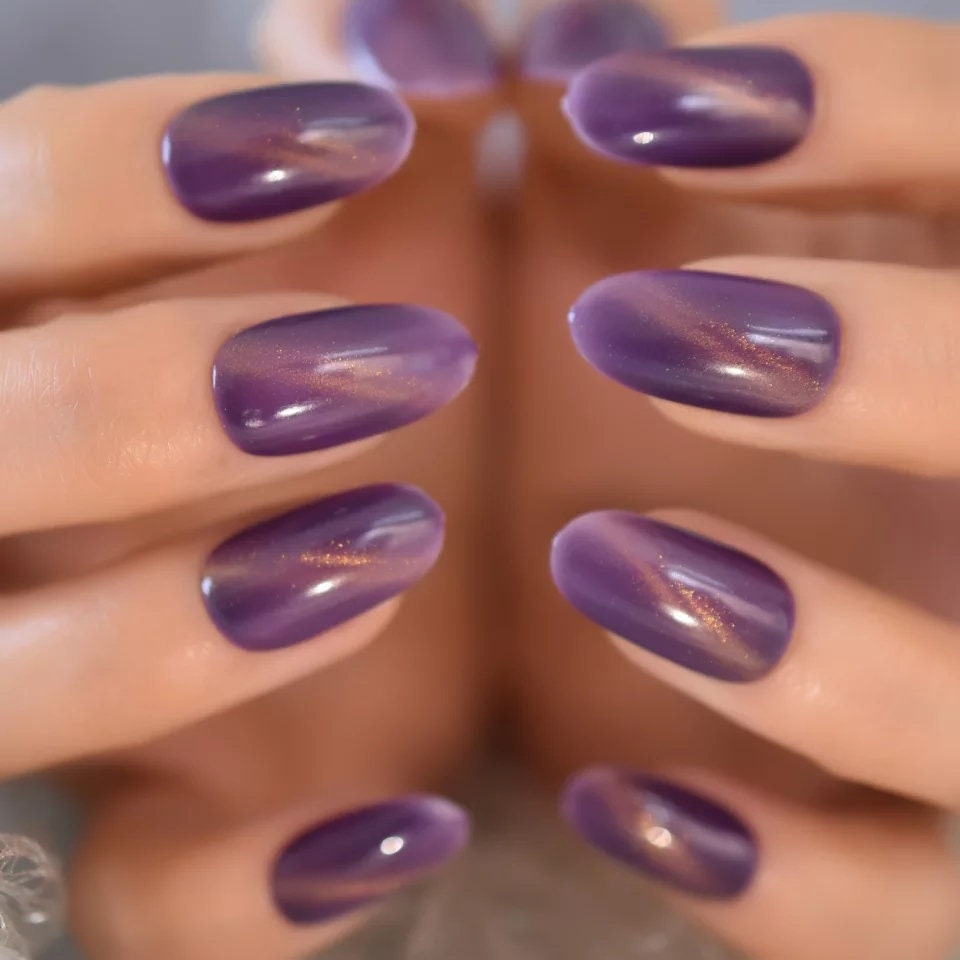 24 pcs Amethyst Purple Galaxy Cat Eye Gel Long Press On Nails Glossy medium goth alt pointed glue on magnet