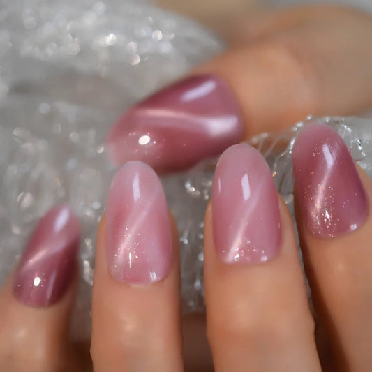 24 Rose Quartz Galaxy Cat Eye Gel Press On Nails Glossy medium Glinda the good witch glue on magnet Pink almond