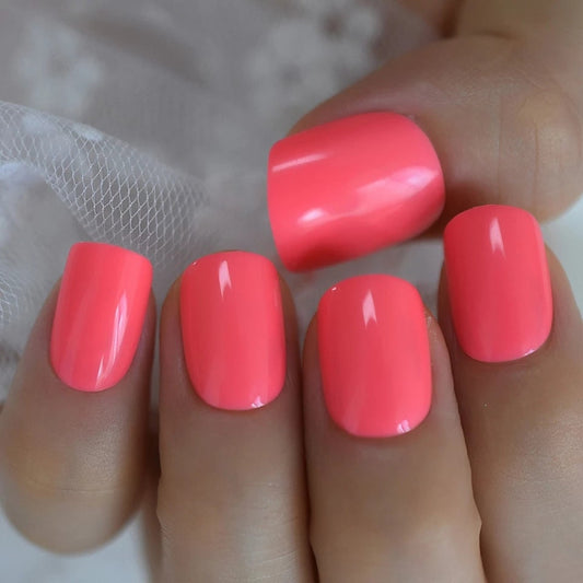 24 pcs Bright Punch Pink Neon Summer gel Short Press on nails glue on shiny manicure Porange 80s rave