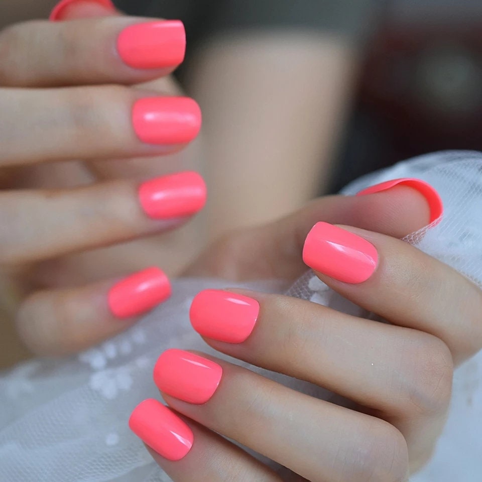 24 Bright Punch Pink Neon Summer gel Press on nails glue on shiny manicure Porange 80s rave