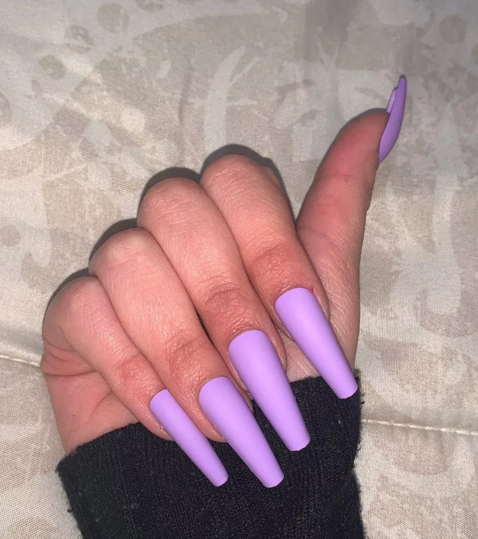 24 Matte Purple coffin Long Press on nails glue on lavender 